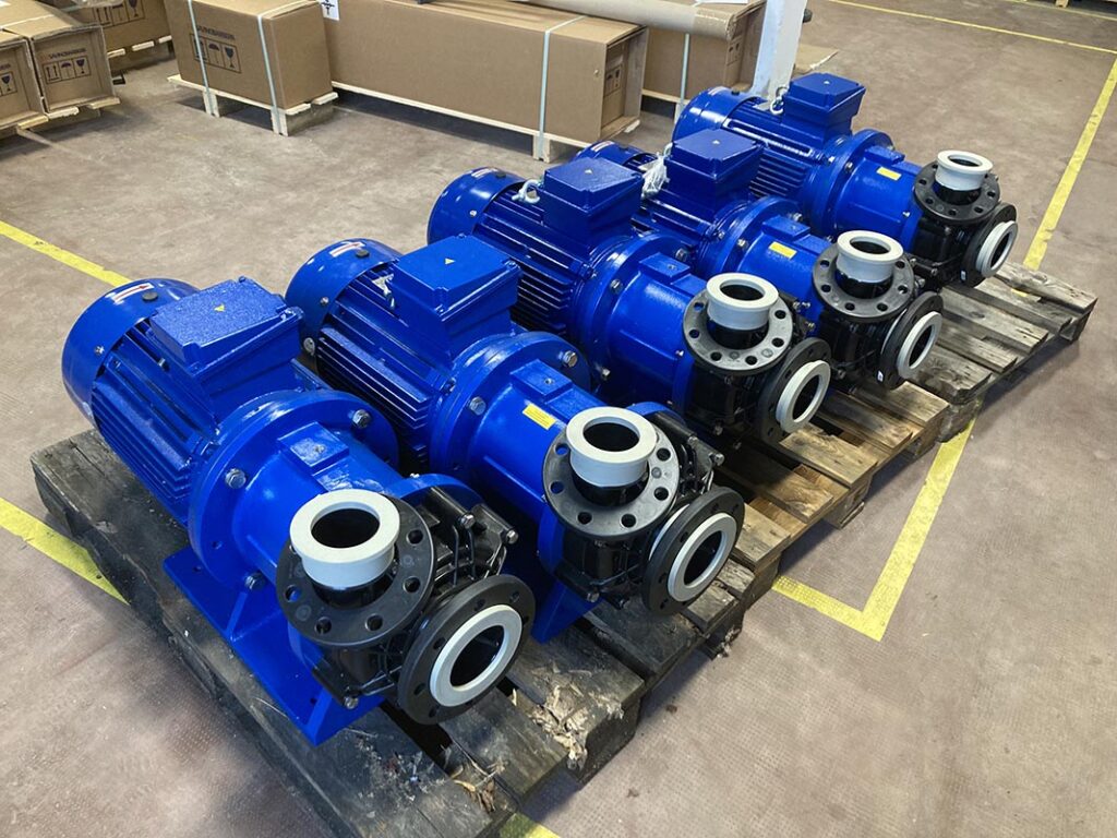 Corrosion resistant magnetically driven pumps for sulfuric acid